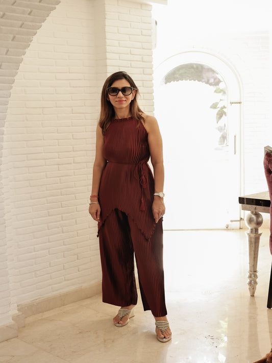 The Amira Set -This Exquisite Ensemble Features A Maroon Pleating High Low Hem Blouse Paired With Flared Pants