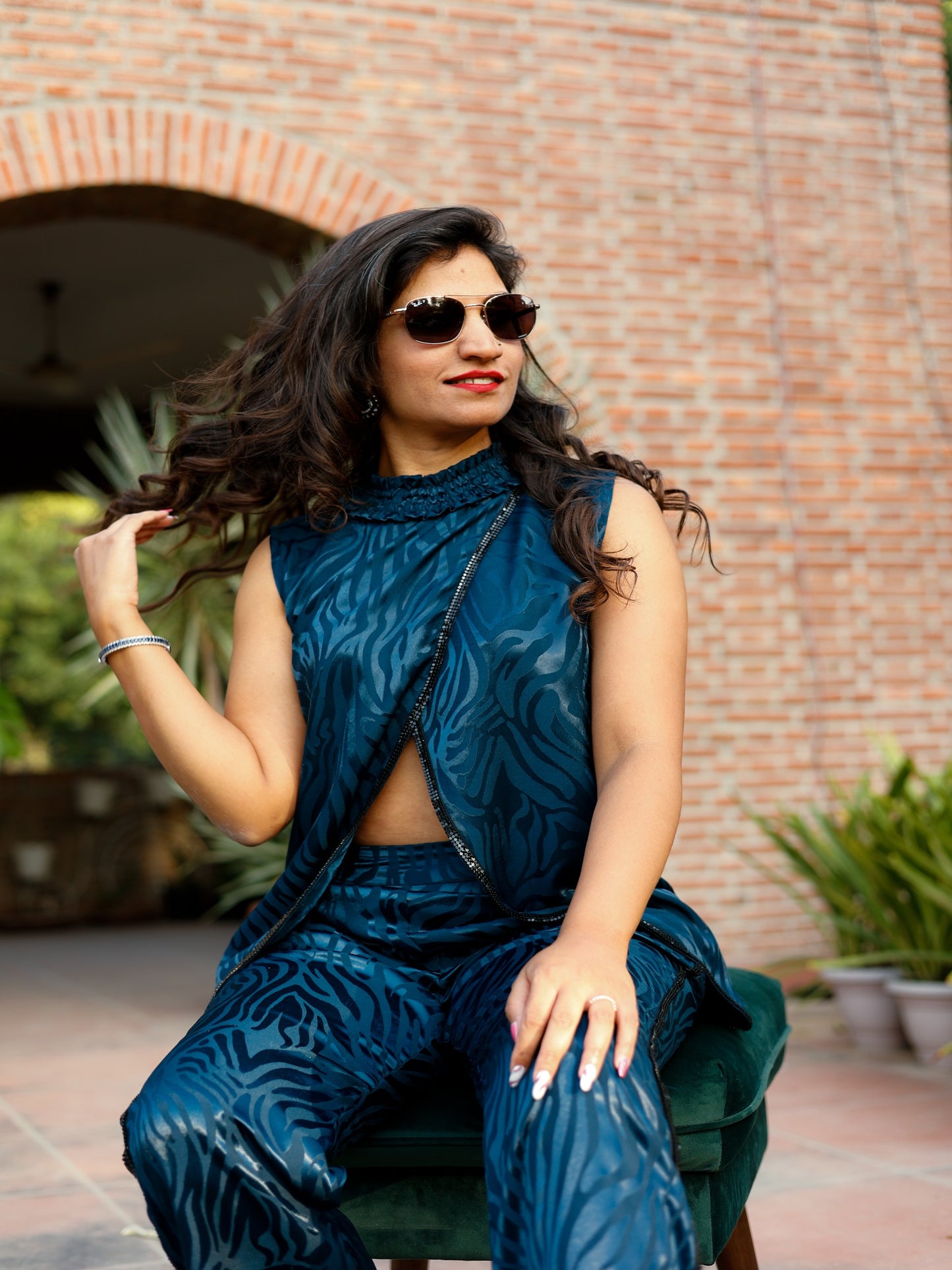 SAPPHIRE ELEGANCE -AN ULTIMATE WARDROBE STAPLE COORDINATE SET WITH OVERLAP BLOUSE AND PANTS