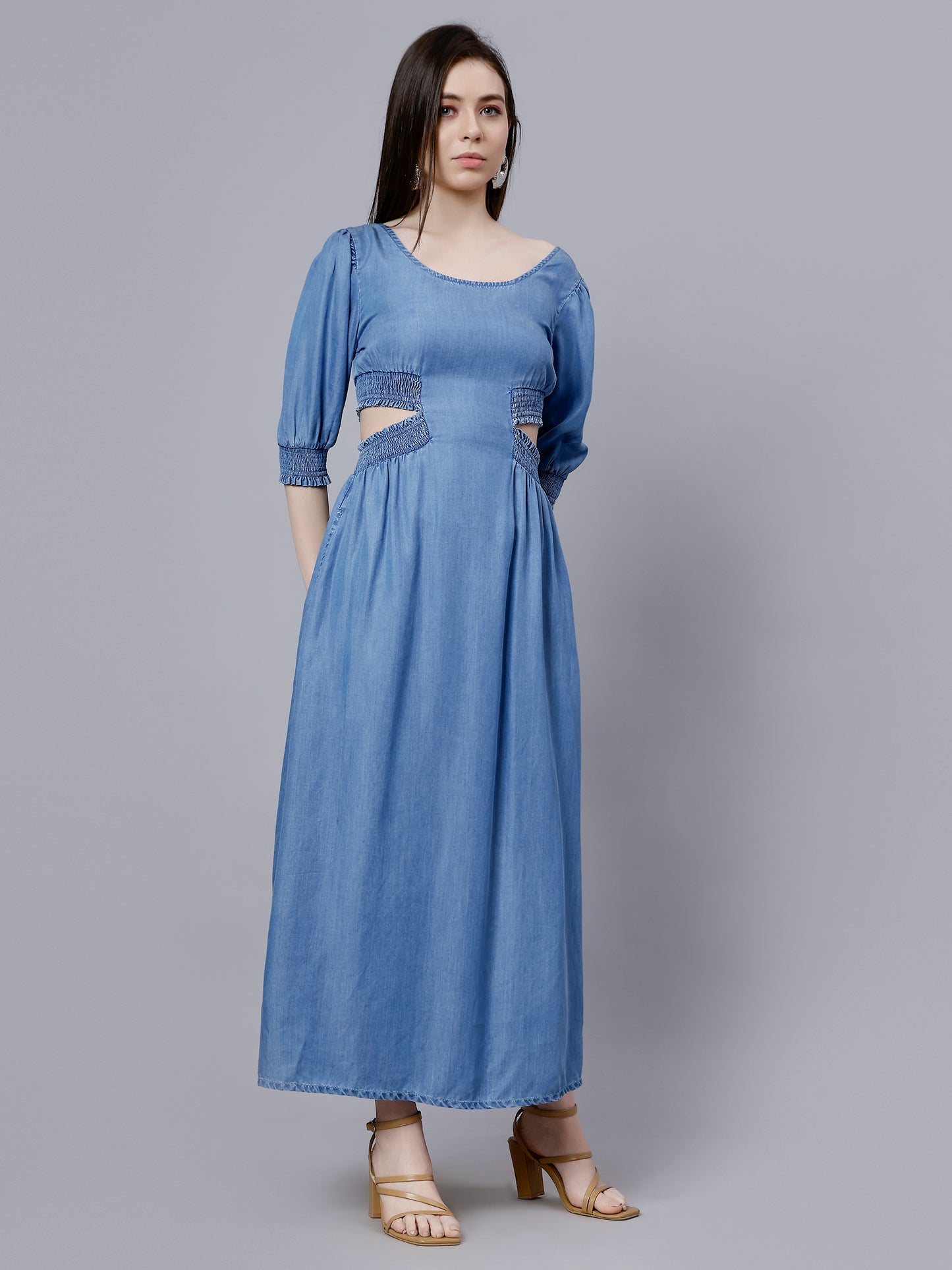 DENIM DRESS WITH A CUT-OUT ON THE WAIST