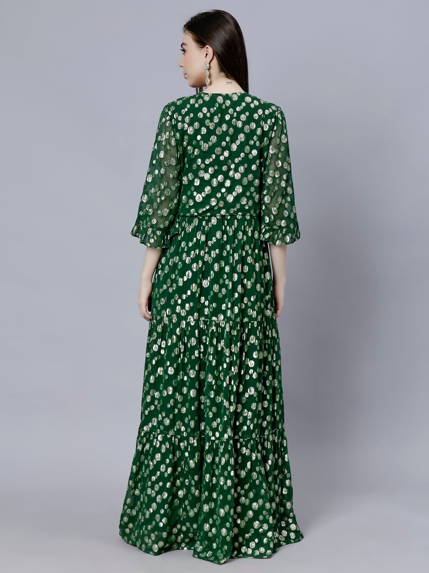 GREEN FESTIVE TIERED DRESS WITH FRONT SLIT