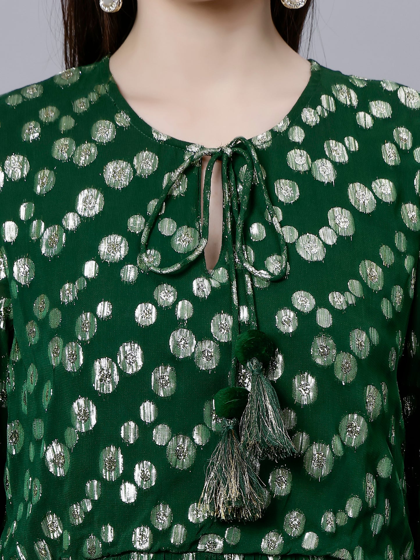 GREEN FESTIVE TIERED DRESS WITH FRONT SLIT