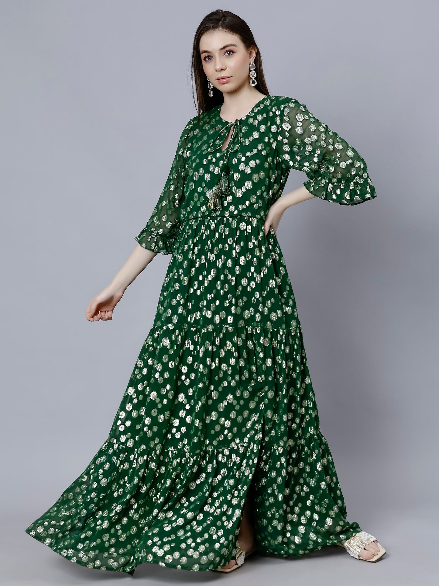 GREEN FESTIVE TIERED DRESS WITH FRONT SLIT