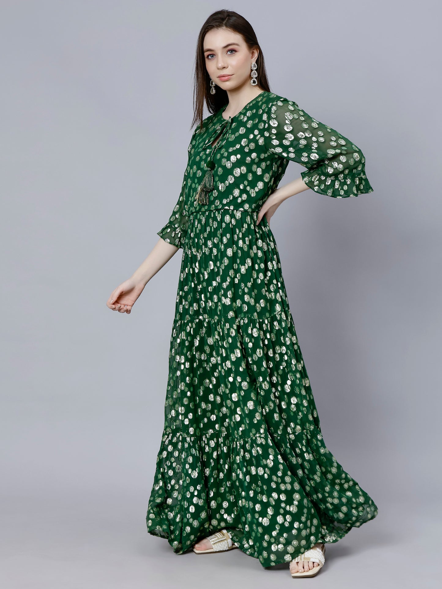 GREEN FESTIVE TIERED DRESS WITH FRONT SLIT