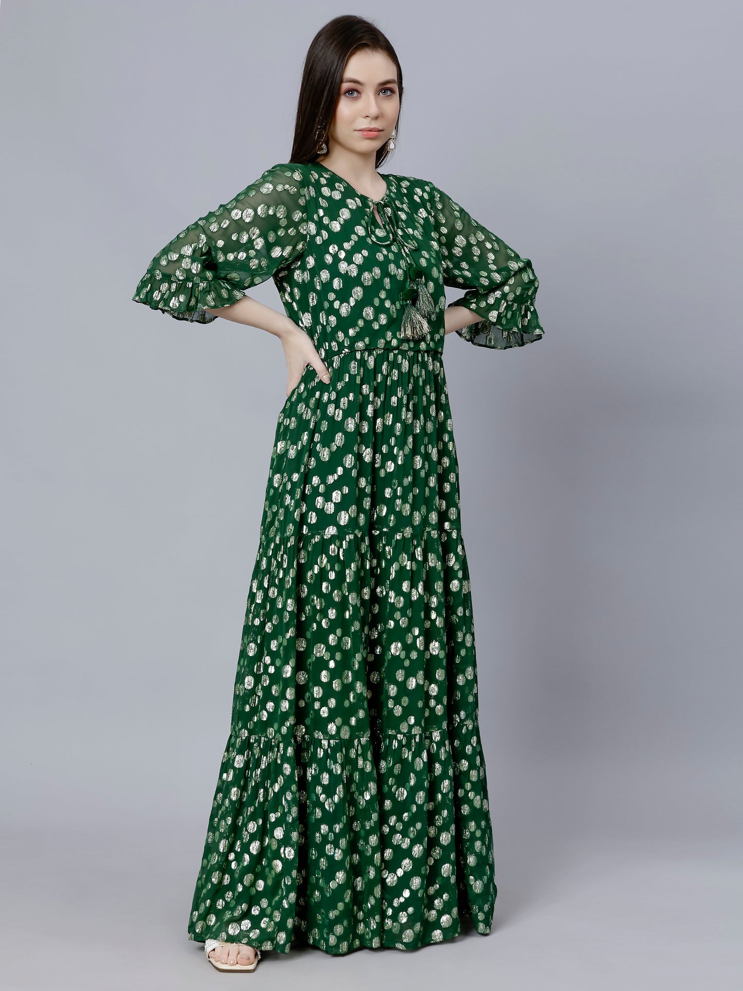 GREEN FESTIVE TIERED DRESS WITH FRONT SLIT
