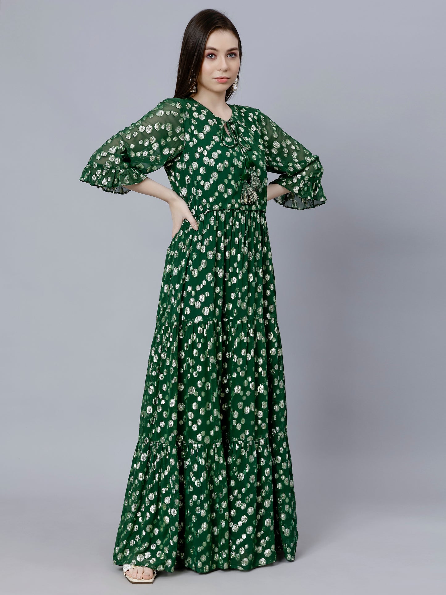 Green Festive Tiered Dress With Front Slit