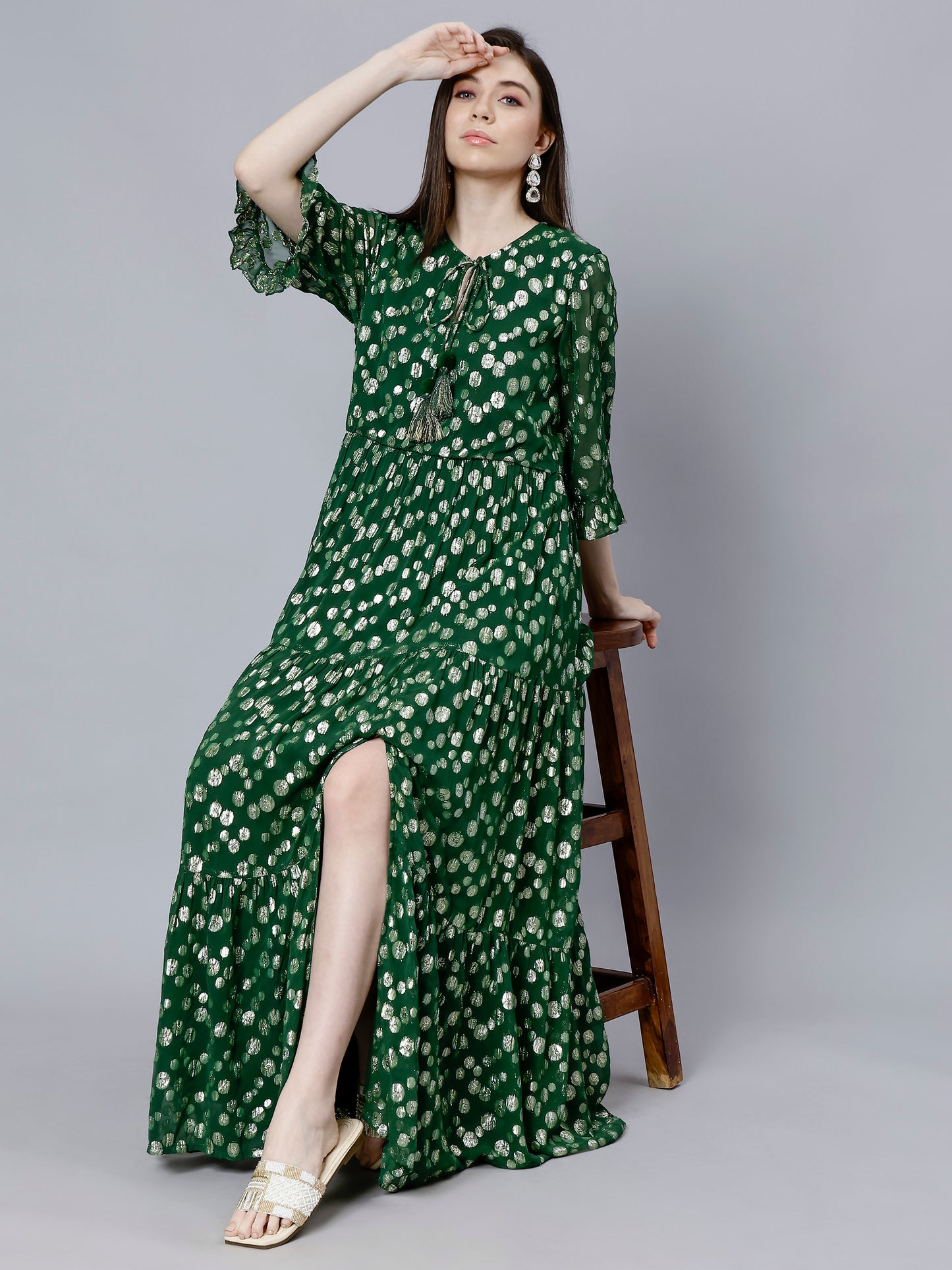 GREEN FESTIVE TIERED DRESS WITH FRONT SLIT