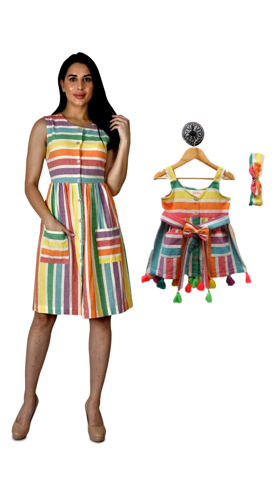 RAINBOW CHASER TWINNING DRESSES WITH TASSELS