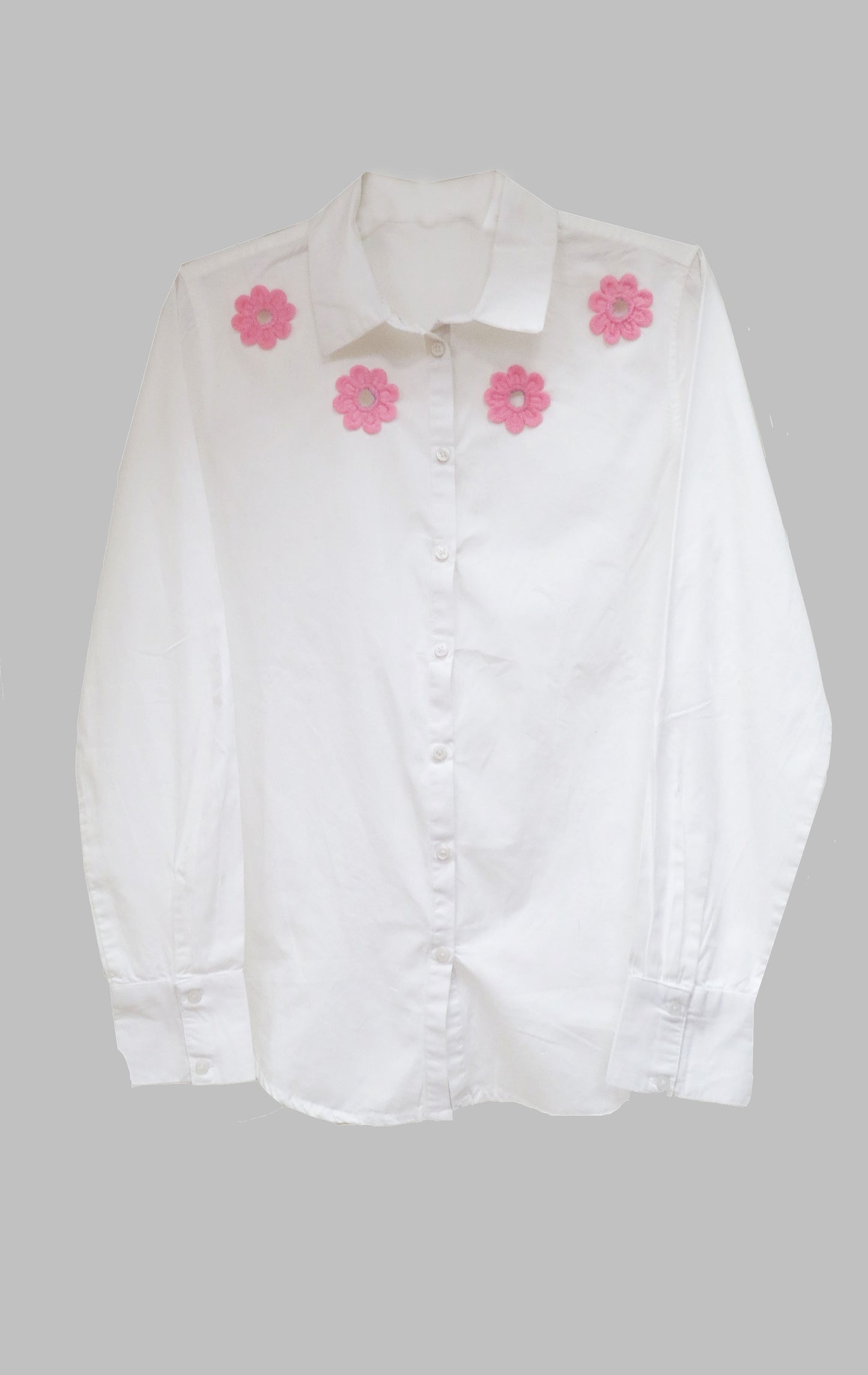 White Cotton Shirt With Contrast Flower Patch Details