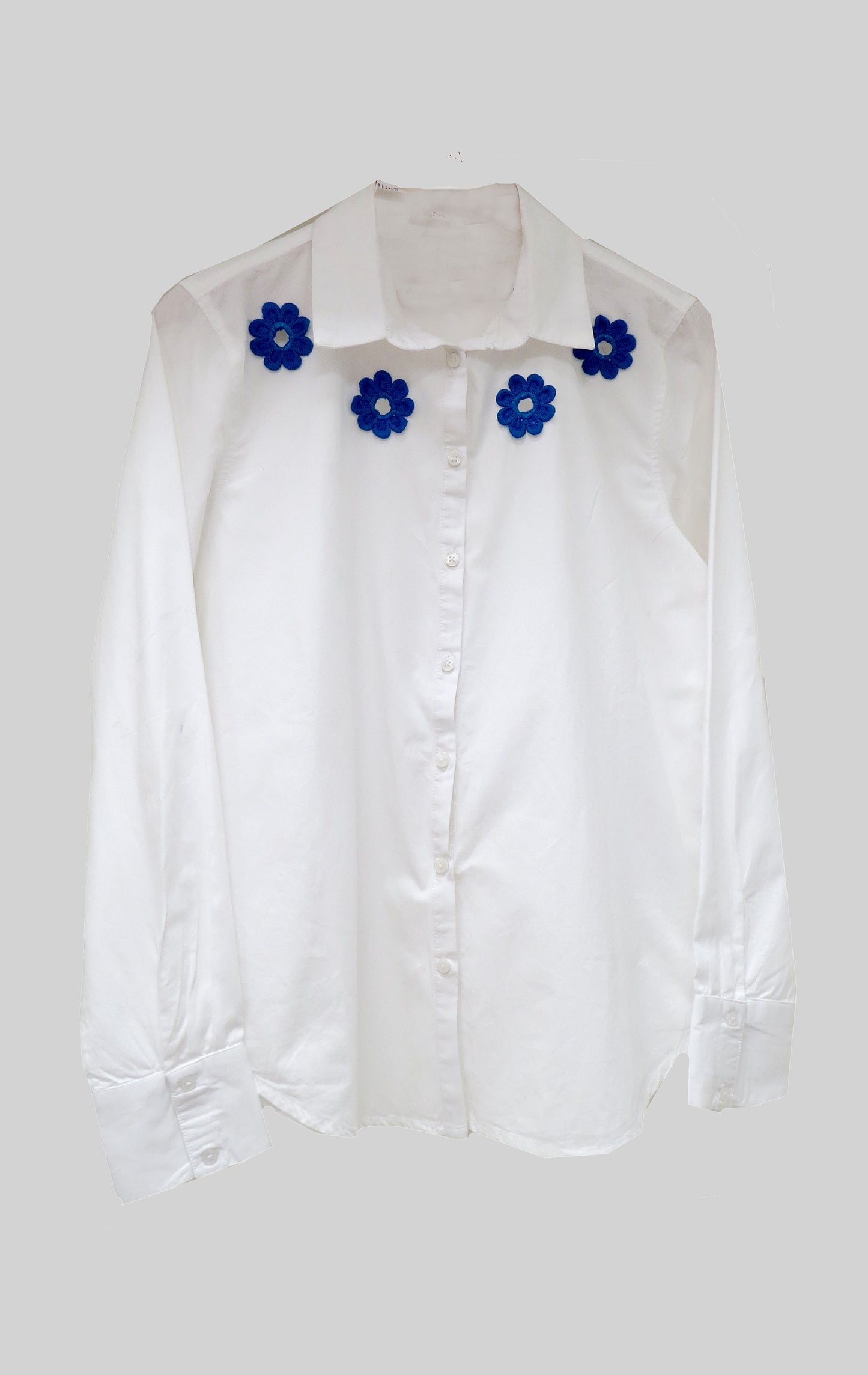 White Cotton Shirt With Contrast Flower Patch Details
