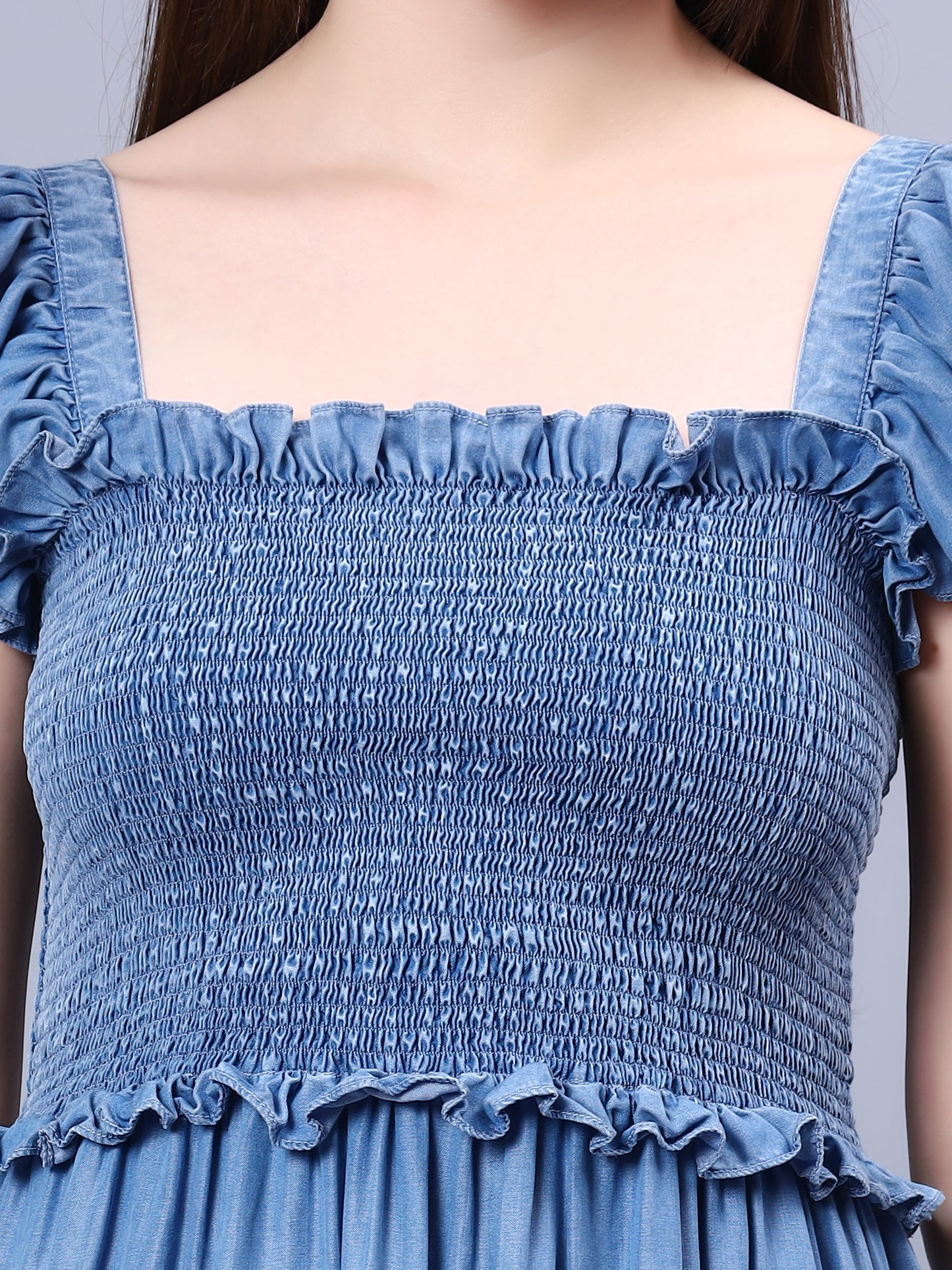DENIM DRESS WITH SMOCKING