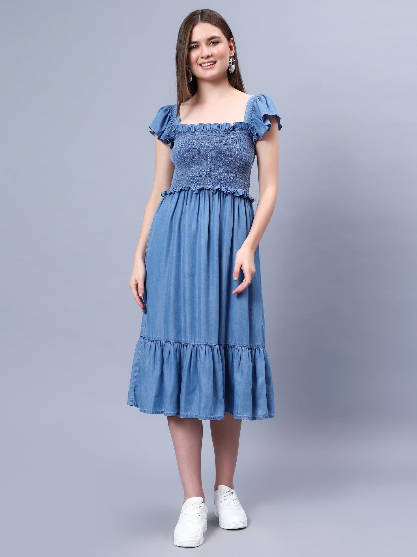 DENIM DRESS WITH SMOCKING