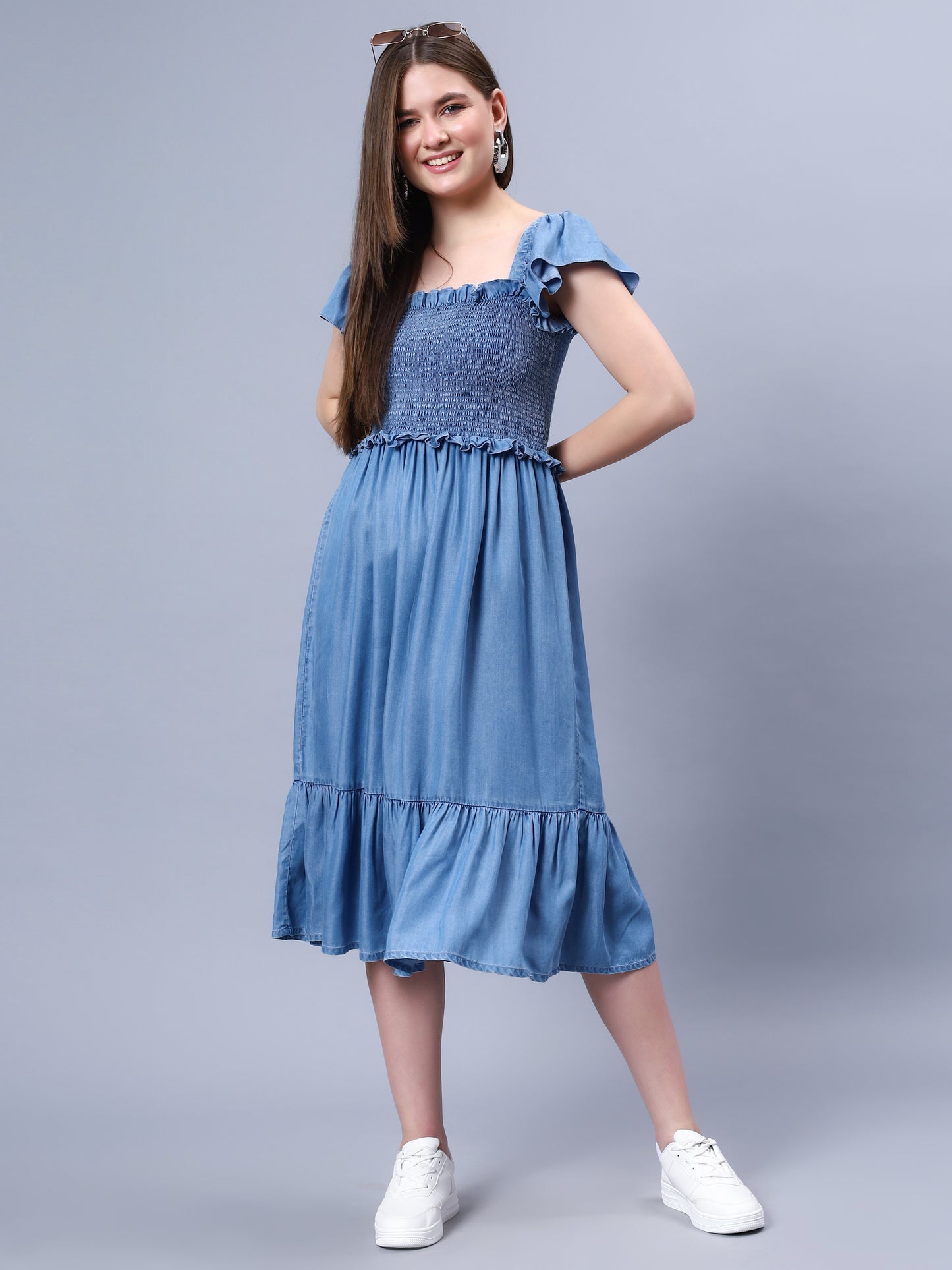 DENIM DRESS WITH SMOCKING