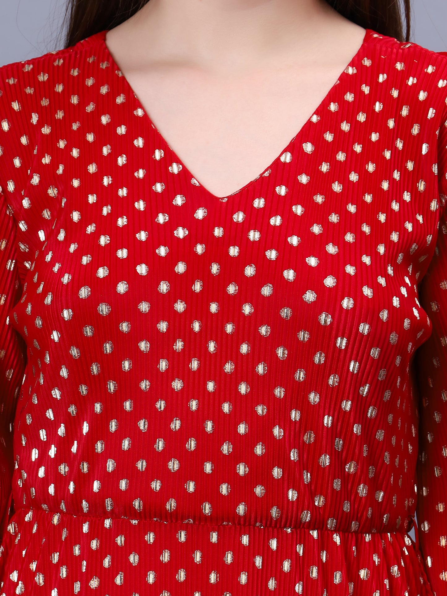 RED PLEATED FESTIVE FLARED MAXI DRESS WITH GOLDEN FOIL POLKA DOT