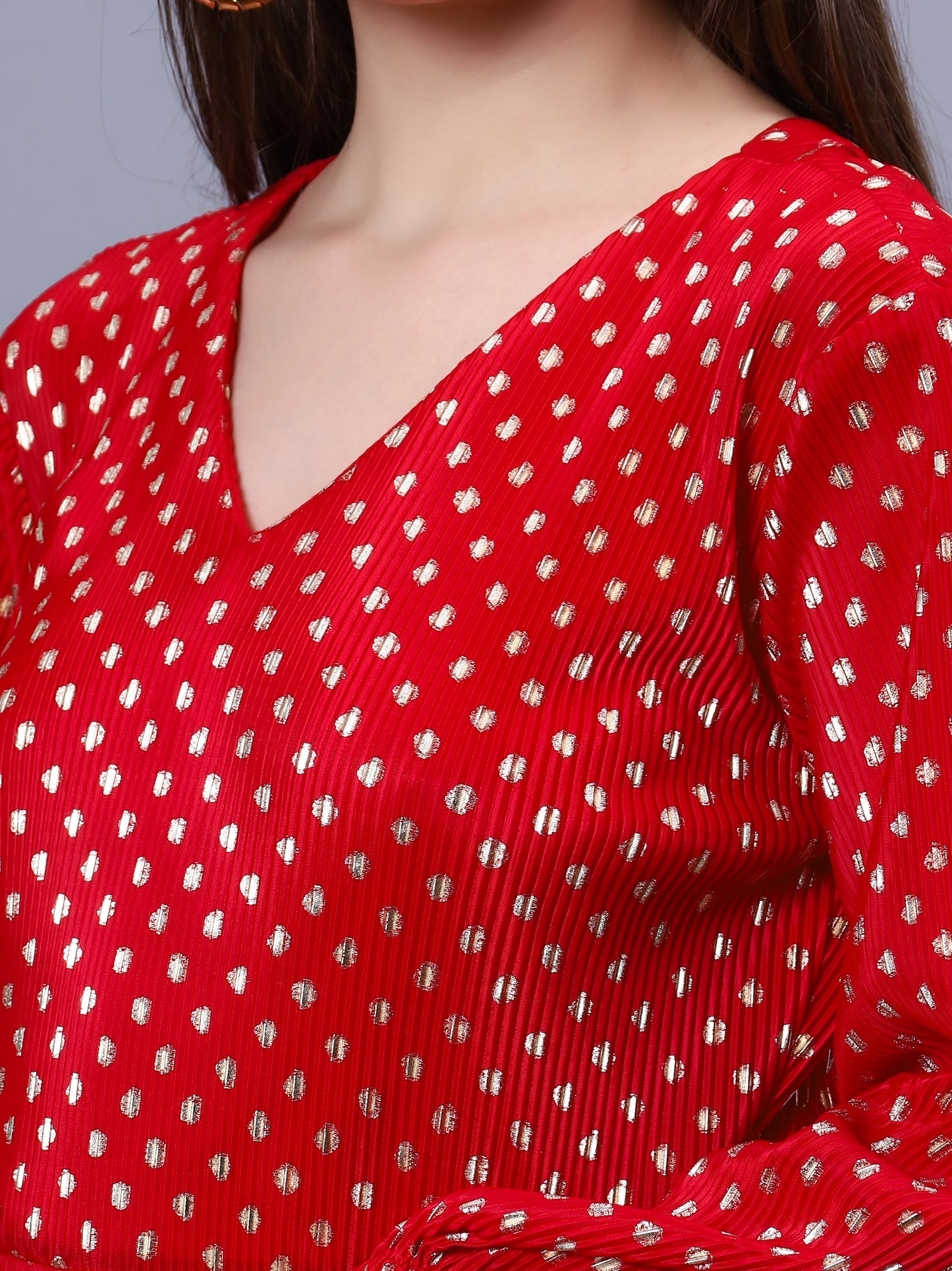RED PLEATED FESTIVE FLARED MAXI DRESS WITH GOLDEN FOIL POLKA DOT