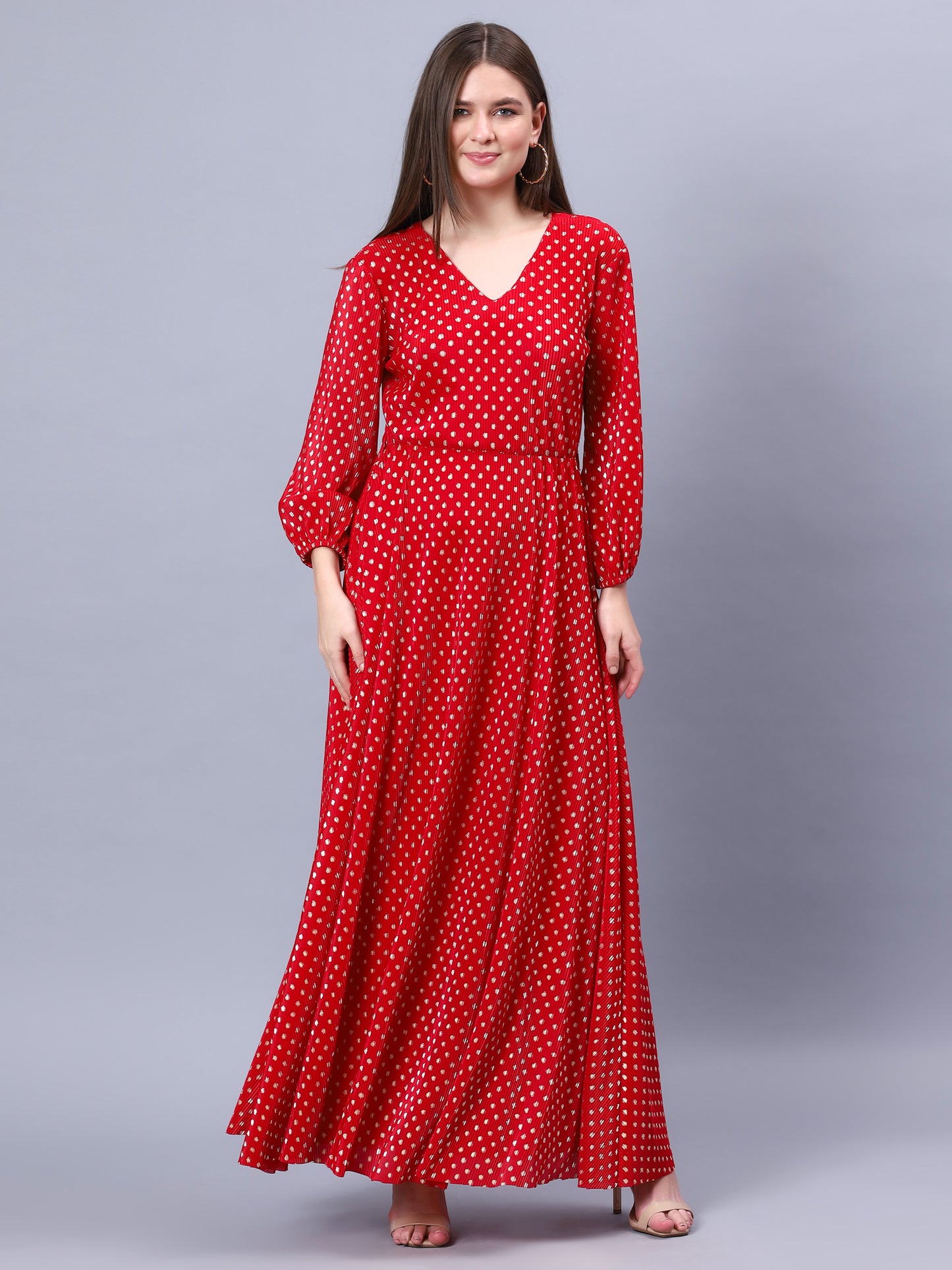 RED PLEATED FESTIVE FLARED MAXI DRESS WITH GOLDEN FOIL POLKA DOT