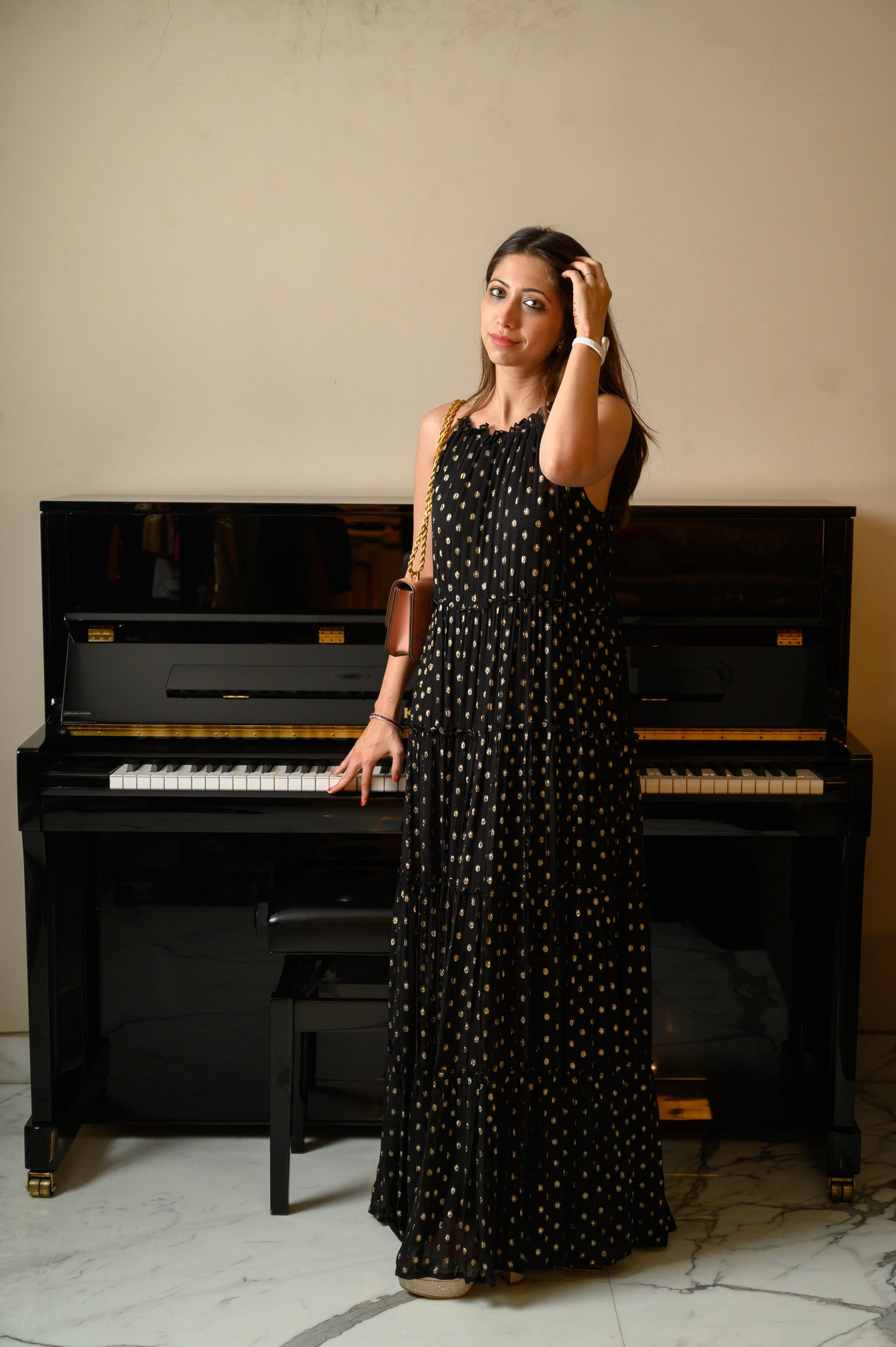 MIDNIGHT BLUE FESTIVE HALTER NECK DRESS