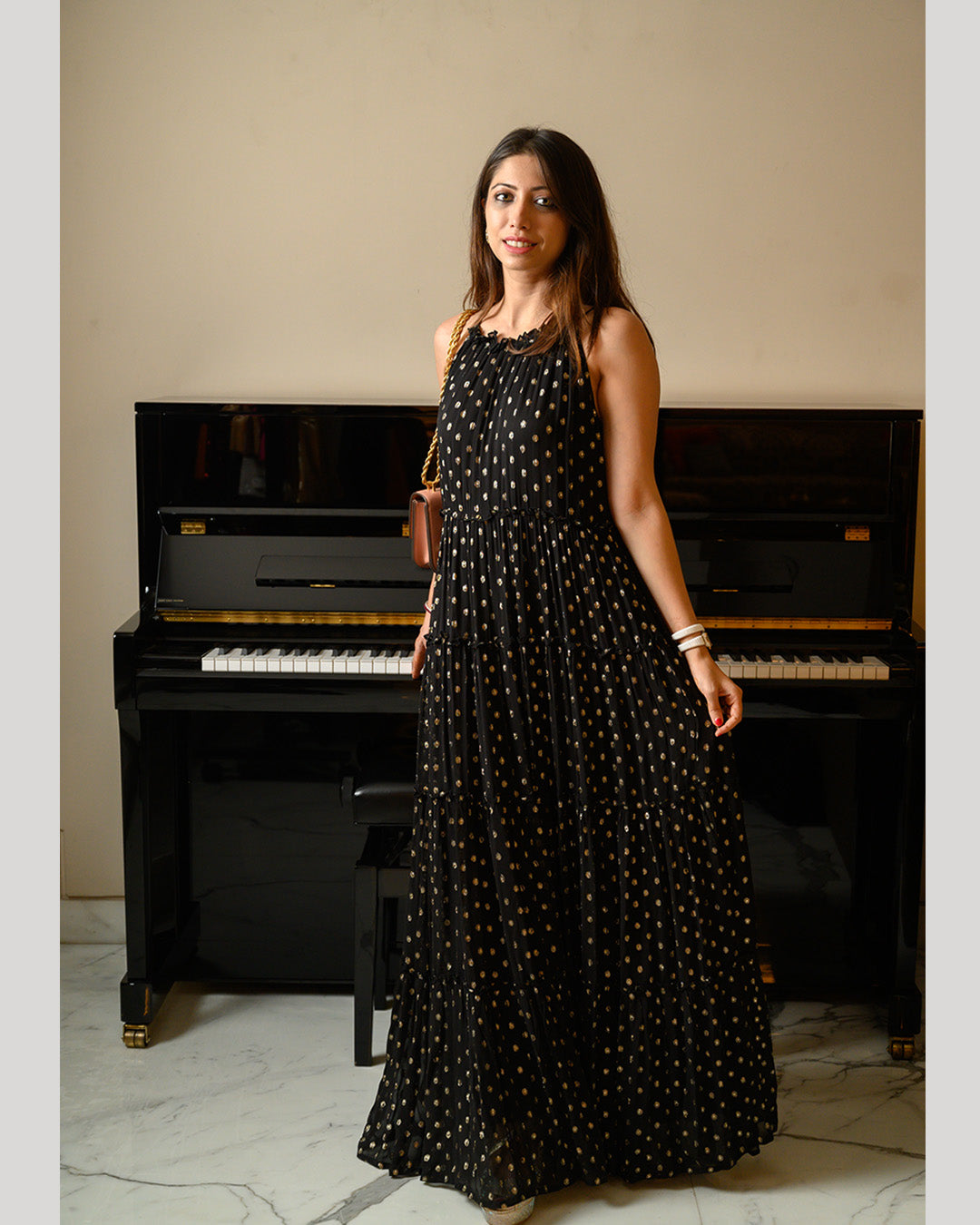 MIDNIGHT BLUE FESTIVE HALTER NECK DRESS