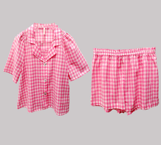 Pink & White Printed Check Nightwear Set