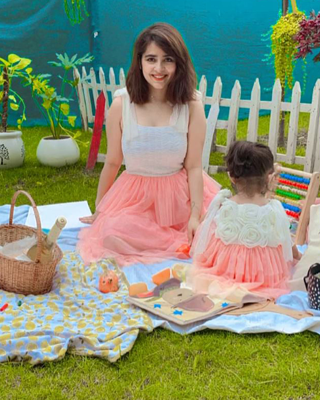 White And Pink Soft Net Dress With Smocking Detail And Tie Up Shoulder Straps