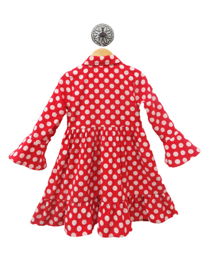 Red Polka Dotted Winter Dress With Frills And Bow