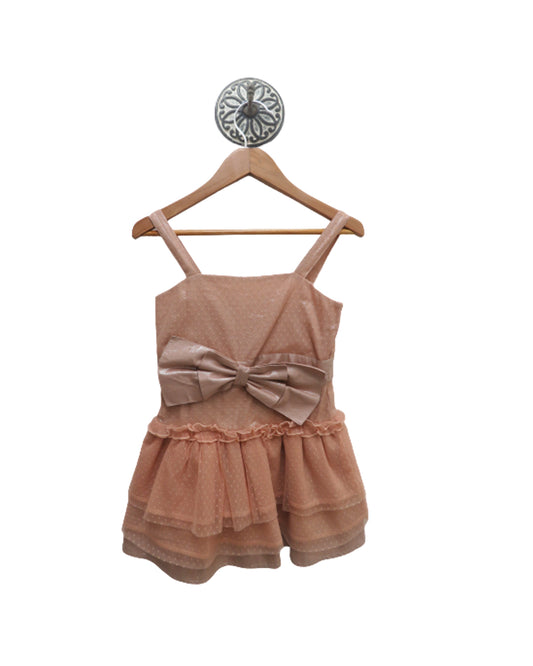 Nude Elegant Formal Dress With A Big Bow And Delicate Layers