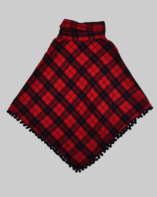 Red And Black Checked Cape With Pom-Pom Lace