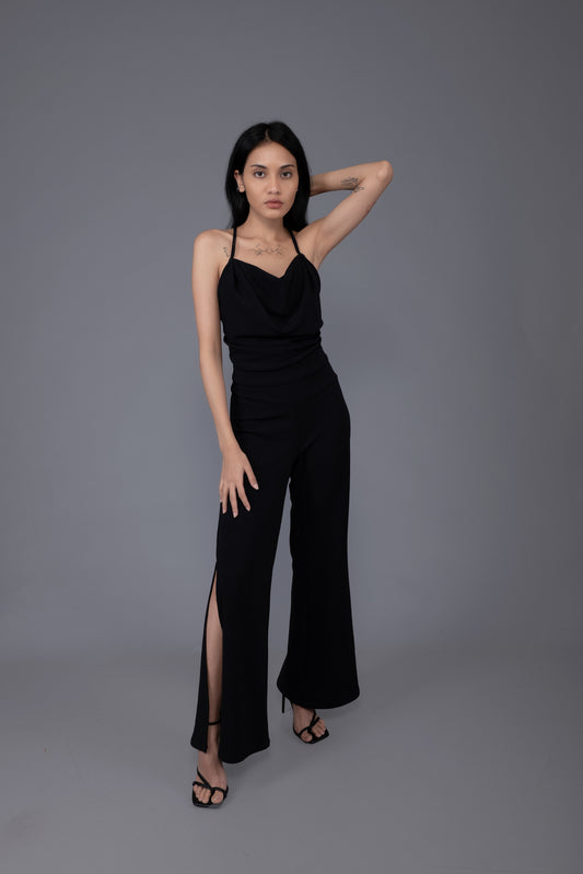 Cowl Neck Top With Cross Back, Elastic And Wide Leg Boot-Cut Pant With Slit Two Piece Set