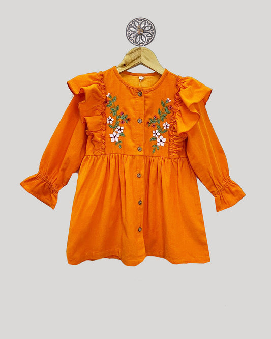 Orange Frilly Corduroy Dress With Embroidery