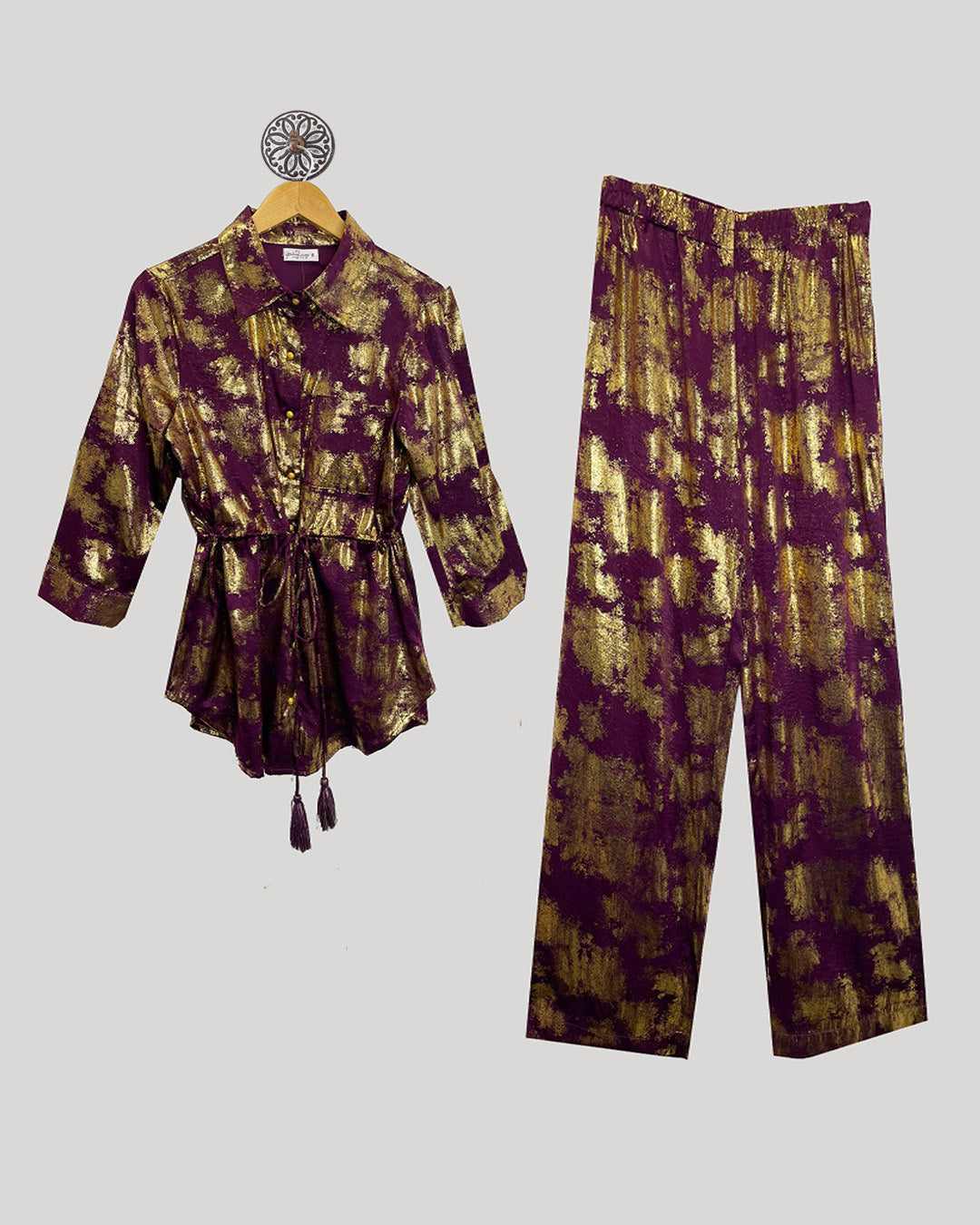 Festive Wine Coord Set With Splashes Of Gold Foil