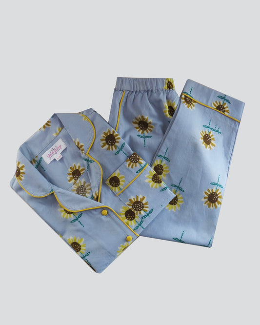 Full Sleeves Blue Sunflower Nightsuit
