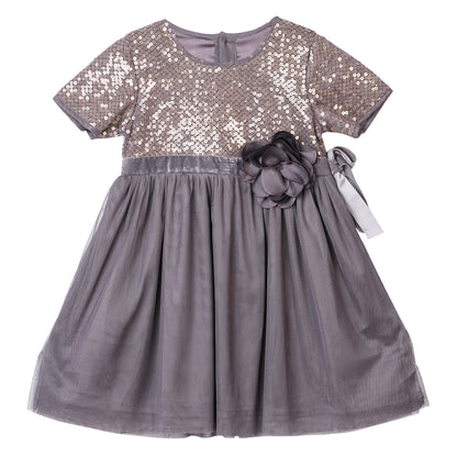 Grey Party Sequin Net Dress With Flower Bow