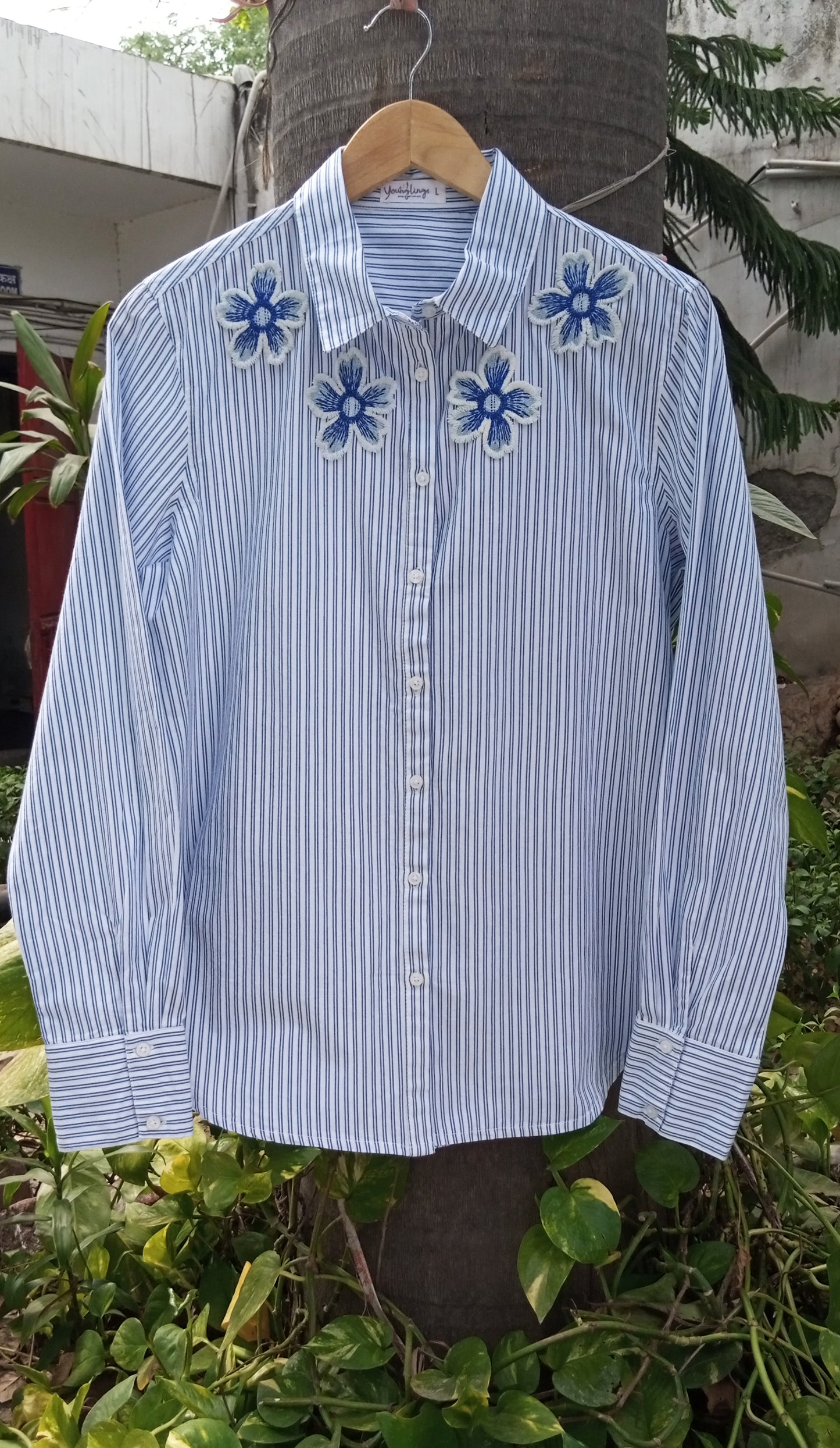 Striped Shirt With Lace Patch Details