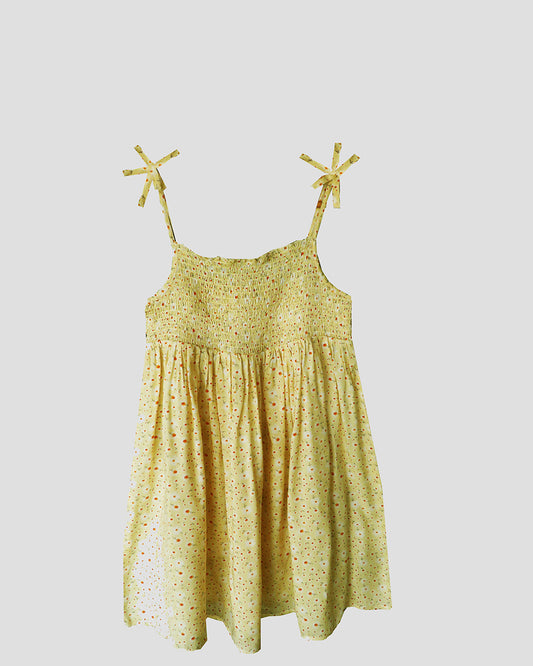 Yellow Ditsy Printed Shoulder Straps Dress With Smocked And Gathered Details