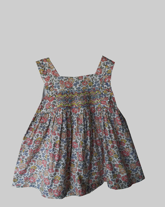 White Ditsy Printed  Smocking Dress With Underpants        (Lead Time-15-20 Days)