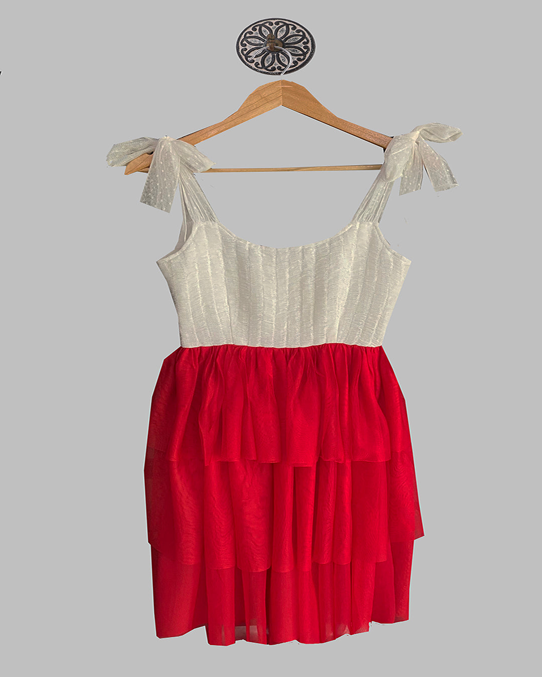 White And Red Soft Net Dress With Smocking Detail And Tie-Up Shoulder Straps