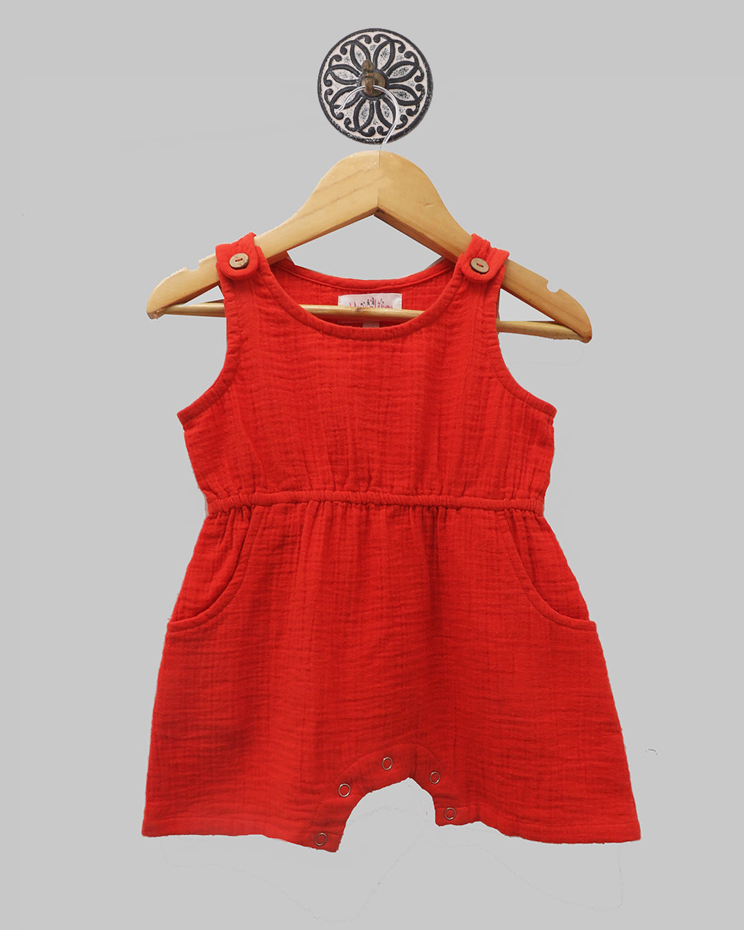 Orange Romper In Soft Cotton Double Weave With Pockets