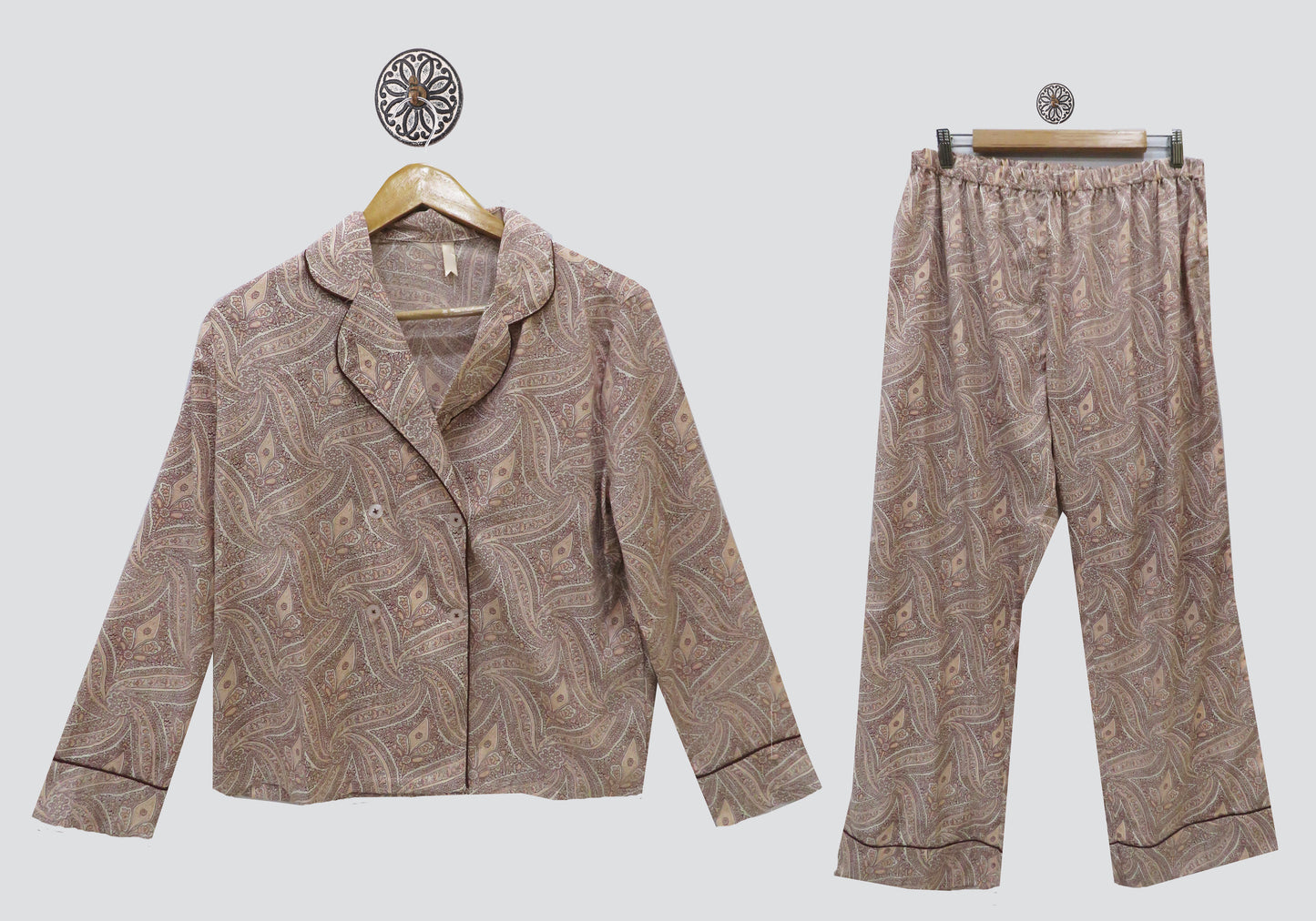 Full Sleeves Peach And Brown Printed Nightsuit