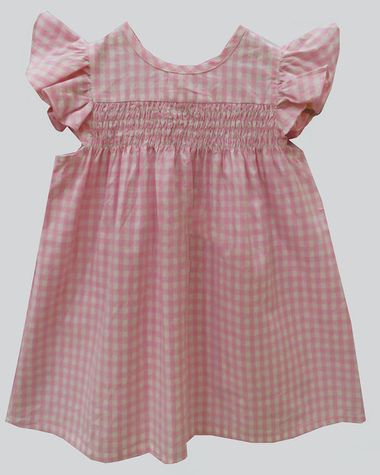 Cute Pink Checked Dress With Smocking Details And Frilly Sleeves