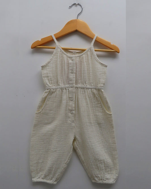 White Romper Suit In Soft Cotton Double Weave With Buttons Down The Back
