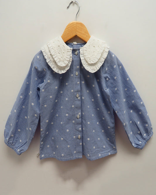 Blue And White Check Shirt With Frilly-Trimmed Peter Pan Collar