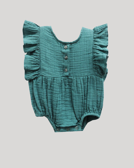 Teal Blue Crinkled Bodysuit In Soft Cotton Double  Weave With Flutter Sleeves