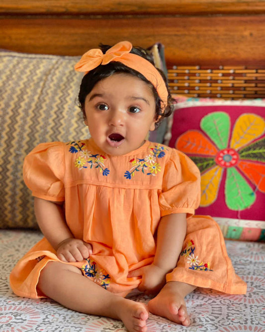 Linen Dress In Orange With Embroidery And Hairband          (Lead Time 10-15 Days)