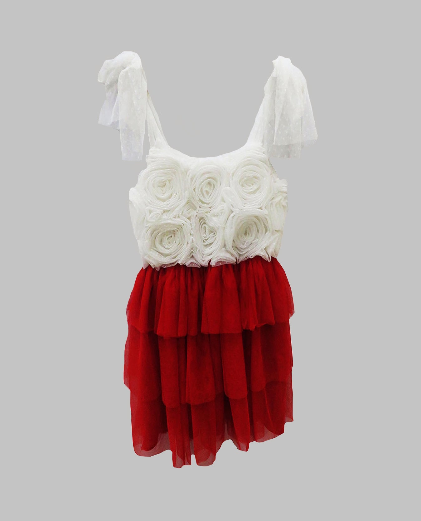 White And Red Soft Net Dress With Flower Detailing And Tie-Up Shoulder Straps