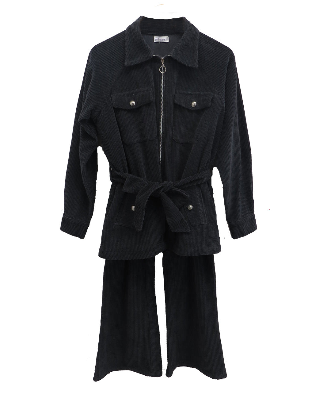 Corduroy Coord Set With Zipper And Tie Belt