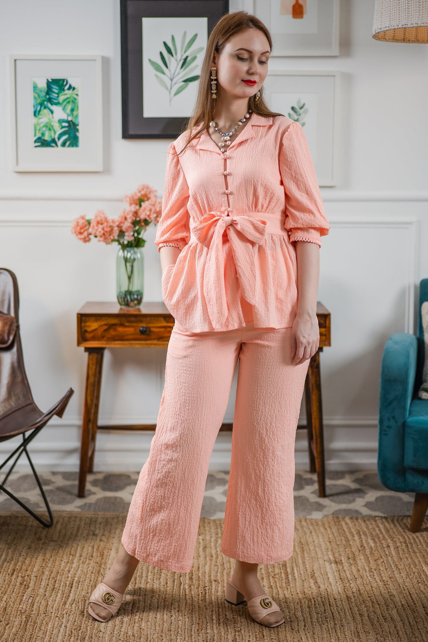 LILY CO-ORD SET WITH PEPLUM TOP FRONT TIE KNOT AND WIDE LEG PANT