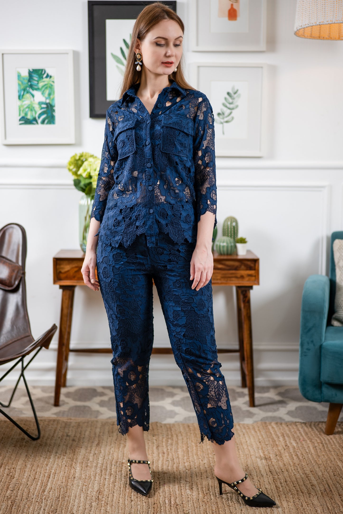 MIDNIGHT BLUE LACE CO-ORD SET WITH SPAGHETTI AND PANTS WITH HALF LINING