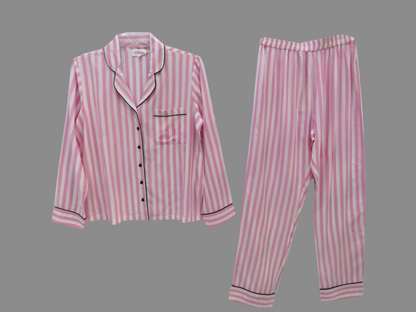 Full Sleeves Pink Striped And Black Piping Short & Pajama Set.