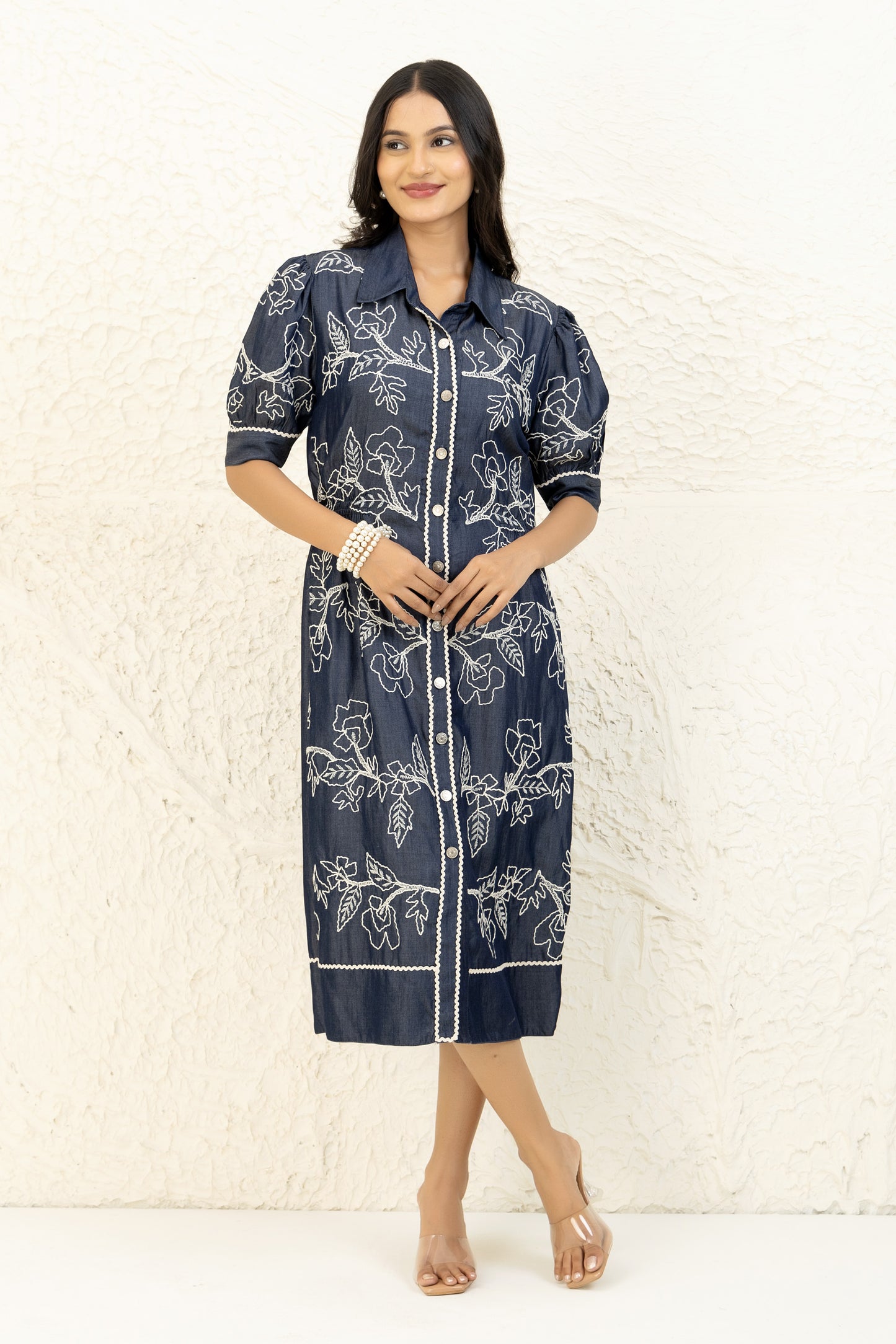 Indigo Embroidered Shirt dress