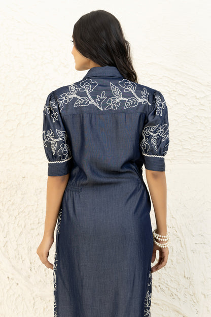 Indigo Embroidered Shirt dress