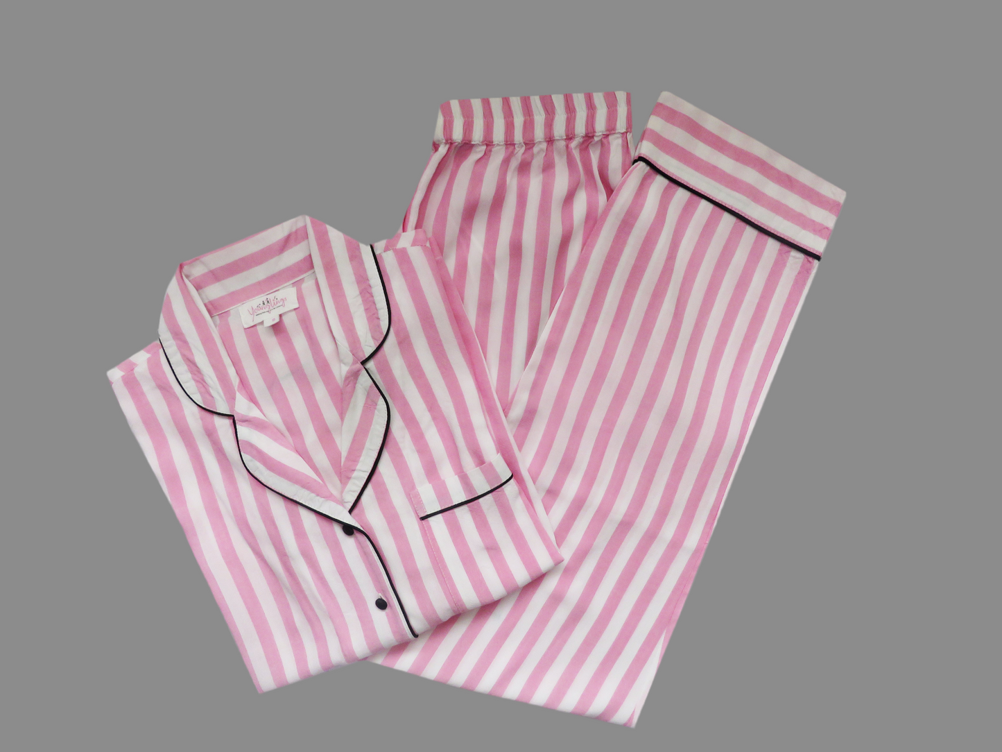 Full Sleeves Pink Striped And Black Piping Short & Pajama Set.